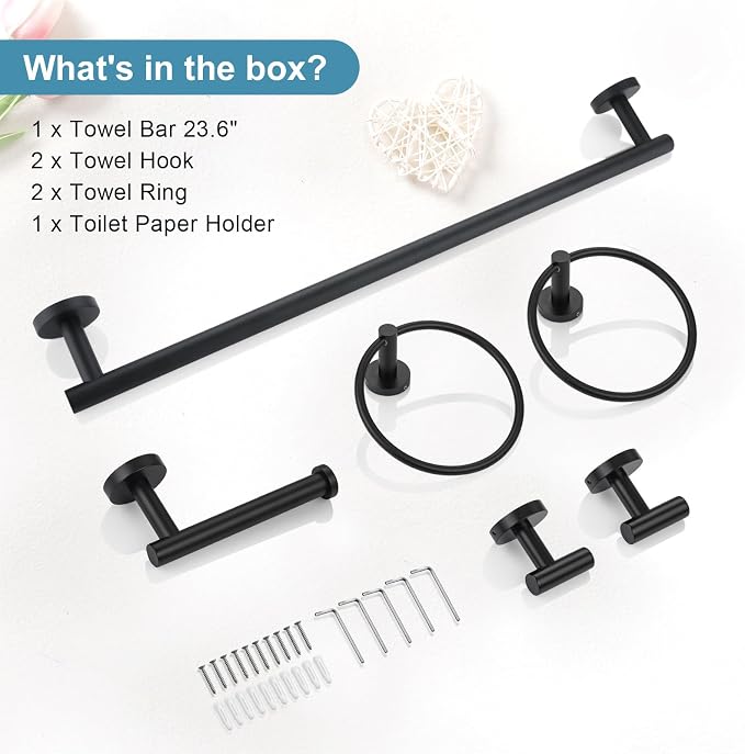 TQKAG Matte Black Bathroom Hardware Set, 6-Piece Towel Bar Set 23.6 Inch | Towel Bar Set, Wall Mounted, Bathroom Accessories Set Include Paper Holders, Towel Rings, Towel Hooks, SUS304 Stainless Steel