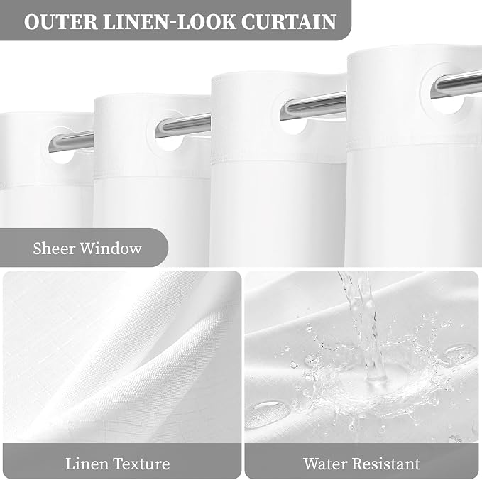 48x75 Ringless Linen Textured Shower Curtain with Snap in Liner, White | Stall Size, 3 in 1 Shower Curtain Set, Removable Liner, Waterproof & Washable, Mesh Top Window, Durable Fabric, Easy Setup