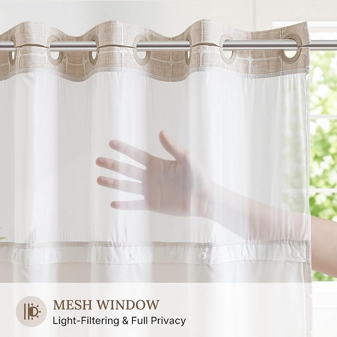 RiverDream Farmhouse No Hooks Shower Curtain with Snap-in Liner,Linen,71x80 | Snap on Fabric Liner,Heavy Duty,Quick Dry,Mesh Top Window,With Bottom Magnets,Washable,with Tassels,Long Size