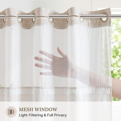 RiverDream Farmhouse No Hooks Shower Curtain with Snap-in Liner,Linen,71x80 | Snap on Fabric Liner,Heavy Duty,Quick Dry,Mesh Top Window,With Bottom Magnets,Washable,with Tassels,Long Size