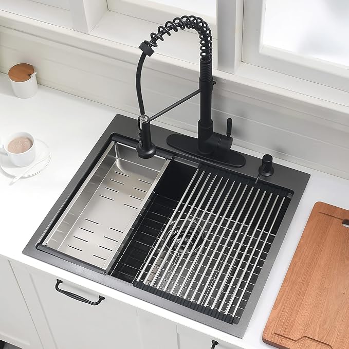 25 Inch Black Drop In Kitchen Sink Workstation - VOKIM 25x22-Inch Drop In sink 16 Gauge Stainless Steel 10'' Deep Single Bowl Handmade Kitchen Sink with Cutting Board& Strainer