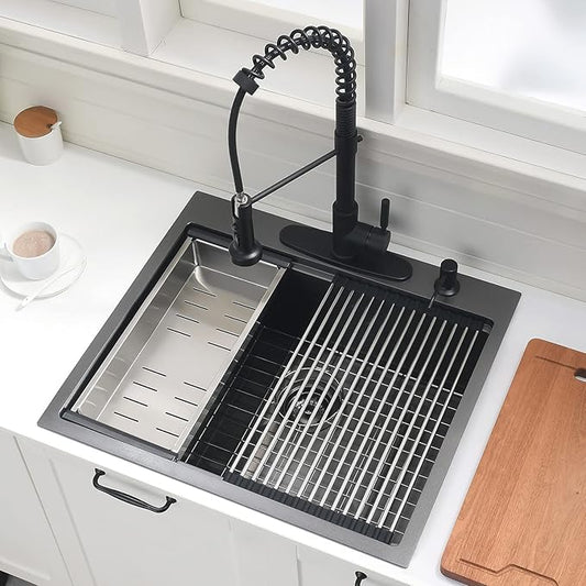 25 Inch Black Drop In Kitchen Sink Workstation - VOKIM 25x22-Inch Drop In sink 16 Gauge Stainless Steel 10'' Deep Single Bowl Handmade Kitchen Sink with Cutting Board& Strainer