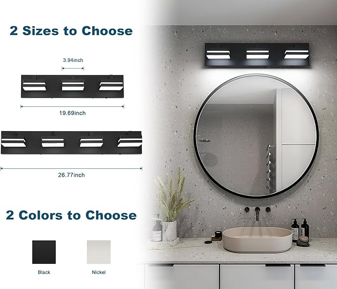 Joossnwell Black Vanity Lights for Bathroom Dimmable 5CCT (3-Light, 19.69-Inch) Modern Bathroom Light Fixtures Over Mirror Led Bath Vanity Lighting