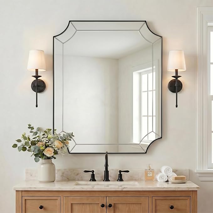 Matte Black Mirror 30x36 Inch, Black Scalloped Wall Mirror, Unique Rectangular Bathroom Mirror in Premium Stainless Steel Metal Frame 1" Deep, Hangs Vertically/Horizontally