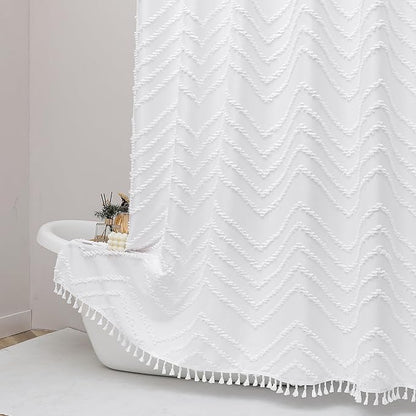 White Fabric Shower Curtain, Boho Shower Curtains for Bathroom Chic Tufted Chevron Striped Textured with Tassel, Soft Hotel Style Farmhouse, Machine Washable, 72x78, White