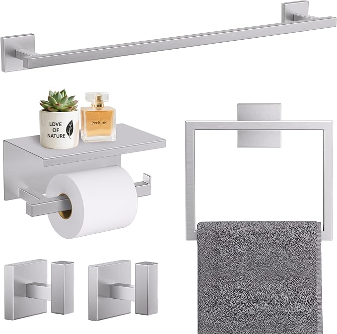 TURS 5-Pieces Brushed Nickel Bathroom Hardware Accessories Set 23.6" Towel Bar Set Wall Mounted Square Toilet Paper Holder with Shelf Stainless Steel