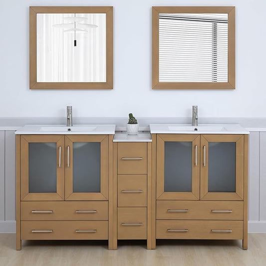 Vanity Art 72 Inch Under Mount Double Sink Bathroom Vanity Cabinet with 2 Mirrors, Ceramic Top Bathroom Cabinet Compact Set with 7 Dovetail Storage Drawers and Brushed Nickel Handles, VA3030-72-NO