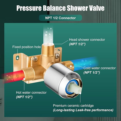 Heyalan 8-Inch Square Rain Shower Faucet Set with Valve, Polished Chrome | SUS304 stainless steel shower head, male NPT 1/2-inch valve, single-handle control, adjustable angle, 1.8 GPM