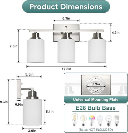 Ascher Bathroom Light Fixtures, 3-Light Vanity Light Over Mirror, Brushed Nickel Wall Sconces with Milky White Frosted Glass Shades, Wall Lamp for Living Room Bedroom, E26 Base(Bulbs Not Included)