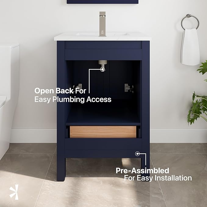 Eviva London 24 in. Blue Single Sink Bath Vanity with Carrara Quartz Top and Undermount Porcelain Sink