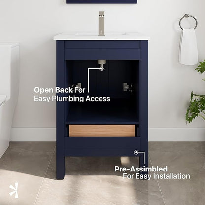 Eviva London 24 in. Blue Single Sink Bath Vanity with Carrara Quartz Top and Undermount Porcelain Sink