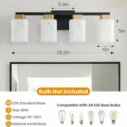 4-Light Square Bathroom Light Fixture, Black and Gold Modern Vanity Light with White Marble Glass Shade, for Bathroom Mirror, Living Room, Bedroom, Hallway, E26 Base