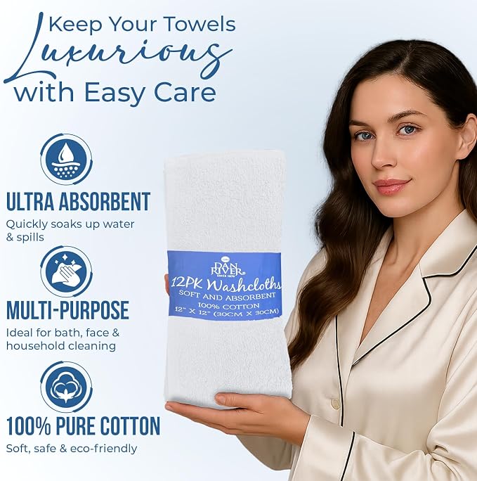 DAN RIVER 24 Pack Cotton Wash Cloths Set for Showering [12x12] White | Lighter Weight, Quick to Dry, Super Soft & Absorbent Face Towels, Hotel Quality, Perfect for Bathroom, Gym, Spa
