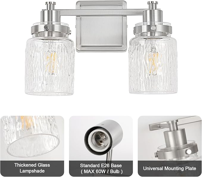 2 Light Bathroom Vanity Light Fixtures Modern Brushed Nickel | ETL Certificate, Easy to Install,Wall Mount Up or Down,Hammered Glass Lampshade,E26 Socket,Hardwired,120V