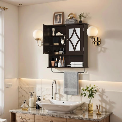 RoyalCraft 22x25 Bathroom Medicine Cabinet with Mirror, Large Wood Wall Mounted Storage Cabinet with Shelves and Towel Bar, Over The Toilet Storage Cabinet for Bathroom, Laundry, Living Room, Brown