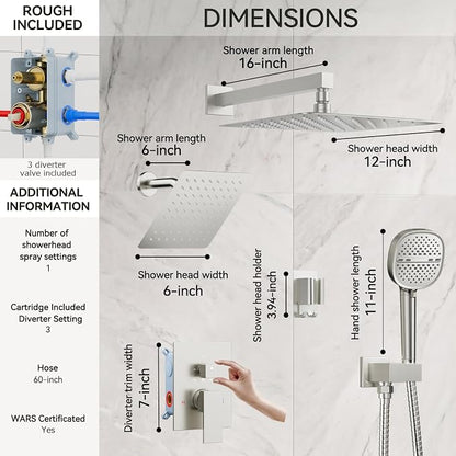 Shower System Brushed Nickel Shower Faucet Set, Dual Head Shower Set STARBATH 12'' +6'' Wall Mount Rainfall Shower Systems with Multifunctional Filtered Handheld Sprayer for Two Person