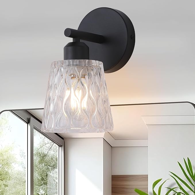 Black Bathroom Vanity Light Over Mirror, 1-Light Modern Vanity Light with Textured Glass Shade, Stainless Steel Backplate, E26 Socket (Bulb Not Included)