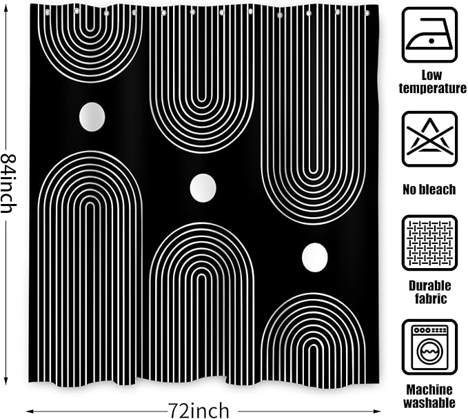 Black and White Extra Long Shower Curtain, Boho Minimalist Mid Century Modern Arch Geometric Machine Washable Waterproof Fabric for Bathroom Bathtub with Hooks 72Wx84H