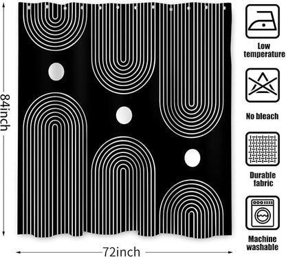 Black and White Extra Long Shower Curtain, Boho Minimalist Mid Century Modern Arch Geometric Machine Washable Waterproof Fabric for Bathroom Bathtub with Hooks 72Wx84H