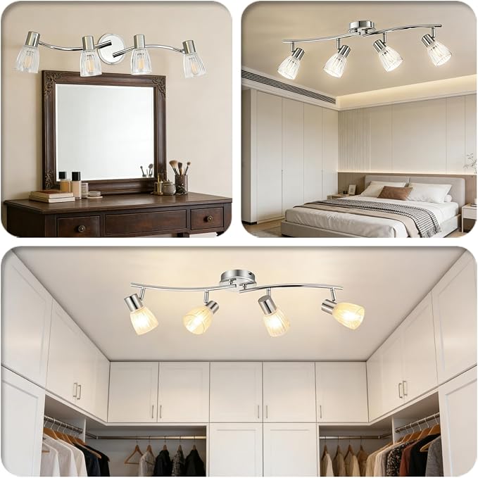 HiBay 4-Light Track Lighting Modern, Adjustable Ceiling Light Fixture | with Glass Shades, Metal Chrome Spotlight Indoor for Bathroom, Kitchen, Living Room, E12 Base, No Bulbs