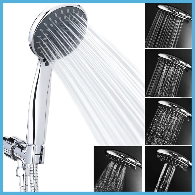 High Pressure Handheld Shower Head 5-Settings with Hard Water Filter | Powerful Water Spray, Against Low Pressure Water Flow, 59 Inch Stainless Hose, Adjustable Mount