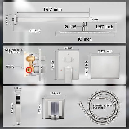 10 Inch Rainfall Shower System with Tub Spout - Wall Mounted Complete Combo with Solid Brass Pressure Balancing Valve, High Pressure Shower Head, Handle Set & Installation Accessories Brushed Nickel
