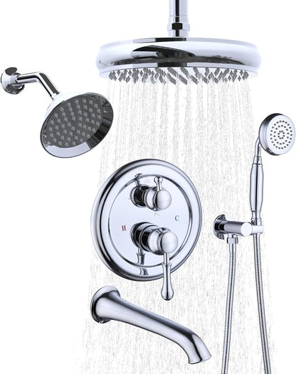 Enga Antique Shower Faucet Sets Dual Heads with Tub Spout 8" Ceiling & 6" Wall Mount Vintage Shower Head Handheld Spray Combo, 4 Way Diverter Brass Rough in with Trim Kit, Chrome