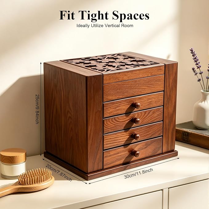 Extra Large Four-Leaf Carved 5 Layers Wooden Jewelry Box Jewelry Case Cabinet Armoire Ring Necklacel Gift Storage Box Organizer (5 Layers,Brown,Style 2)