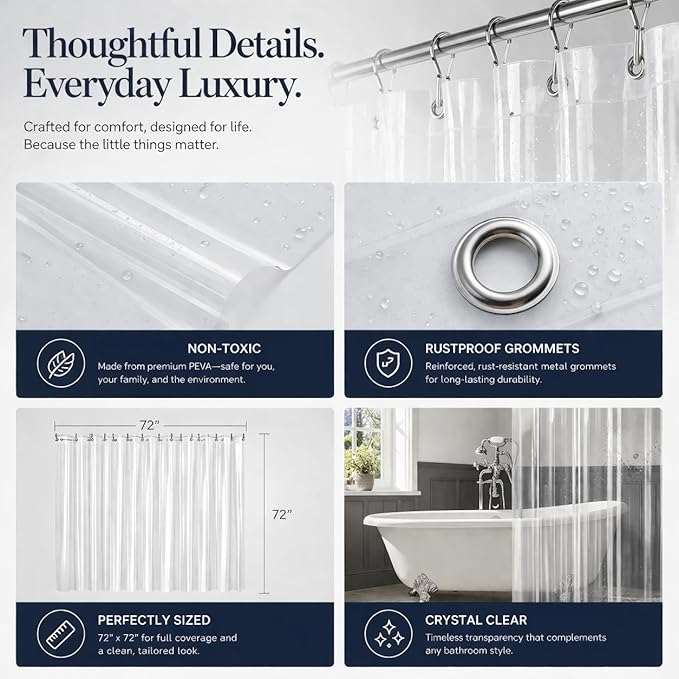 EHZNZIE Crystal Clear Shower Curtain Liner 54x72, PEVA Waterproof Bath Curtain, No Chemical Smell, Weighted Magnets, Durable with 9 Rustproof Metal Grommets