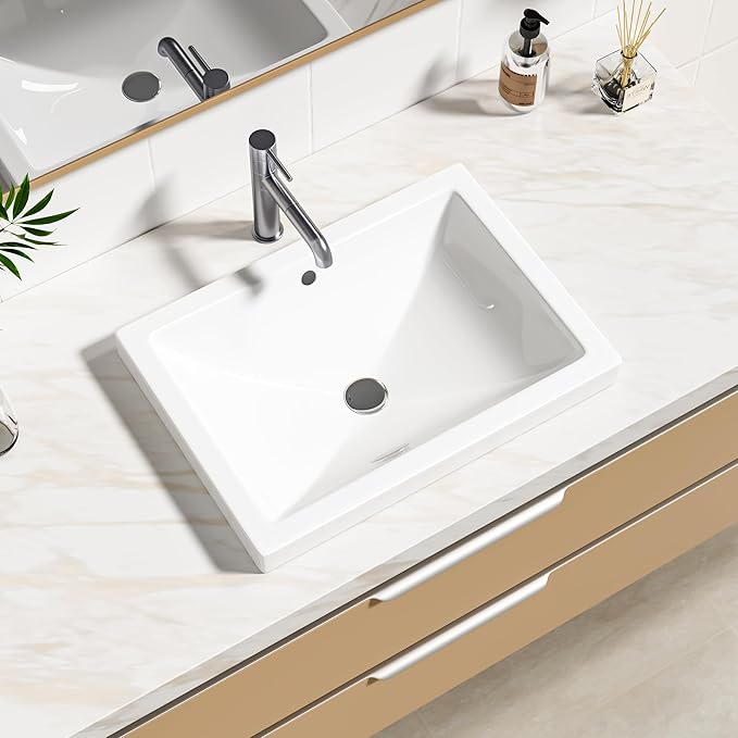 Enbol 20.6" x 14.7" Drop in Bathroom Sink Rectangle Vessel Sink Self-rimming Top Mount Bathroom Sink White Ceramic Lavatory Vanity with Overflow O2014-2