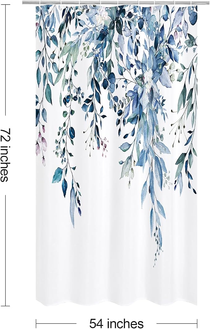 Blue Eucalyptus Shower Curtain, Watercolor Floral Print, 54x72 | Watercolor Plant Leaves Floral Print, Stall Waterproof Fabric Bathroom Decor, Machine Washable, Rustproof Grommets