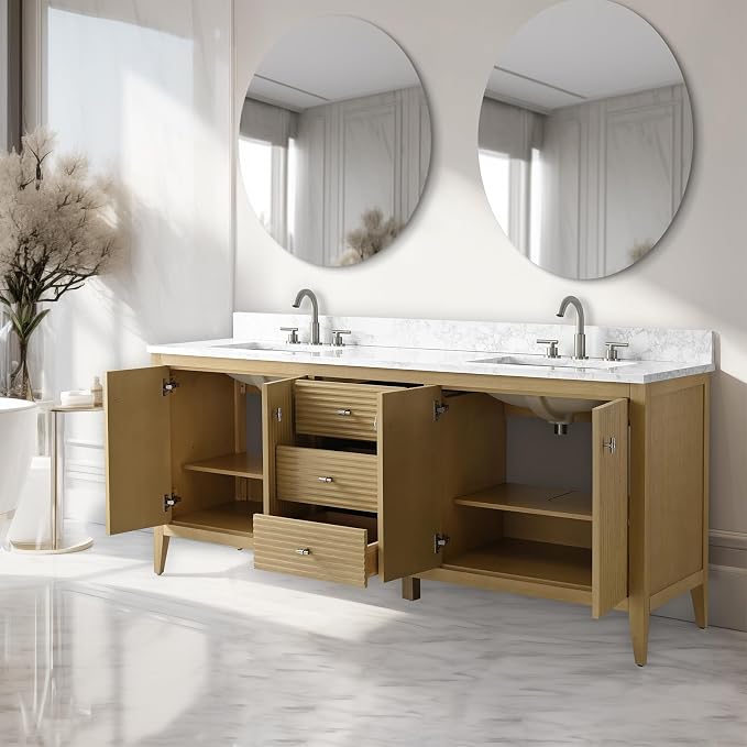 Vanity Art 72 inch Bathroom Vanity with Double Sink & Ceramic Top, Vanity Cabinet with Soft-Closing Door, Solid Wood Frame, Linear Pattern, Natural Oak, Golden Brushed Handware VA9172-DNO-GB