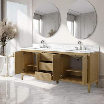 Vanity Art 72 inch Bathroom Vanity with Double Sink & Ceramic Top, Vanity Cabinet with Soft-Closing Door, Solid Wood Frame, Linear Pattern, Natural Oak, Golden Brushed Handware VA9172-DNO-GB