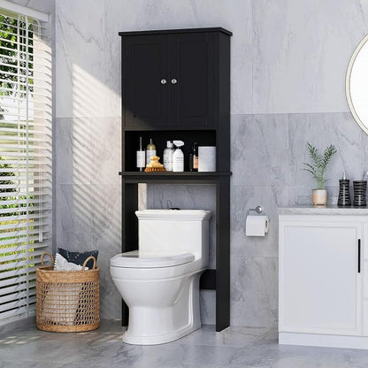 Over the Toilet Storage Cabinet for Bathroom, Black Bathroom Over Toilet Cabinet Freestanding Storage Organizer, Space Saver with Doors and Adjustable Shelf, Black