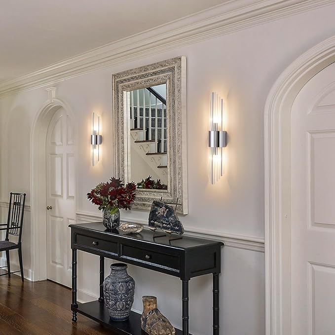 Chrome sconces wall set of 2, silver crystal wall sconces set two, modern wall sconce decoration (set of two) for living room, bedroom, bathroom, vanity, stairs, hallway,With 4 E12 light sources
