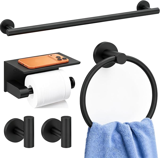5 Pieces Bathroom Hardware Accessories Set Matte Black, 24Inch Round Towel Racks Set for Bathroom, SUS304 Stainless Steel Towel Bar Set, Toilet Paper Holder with Shelf Wall Mounted