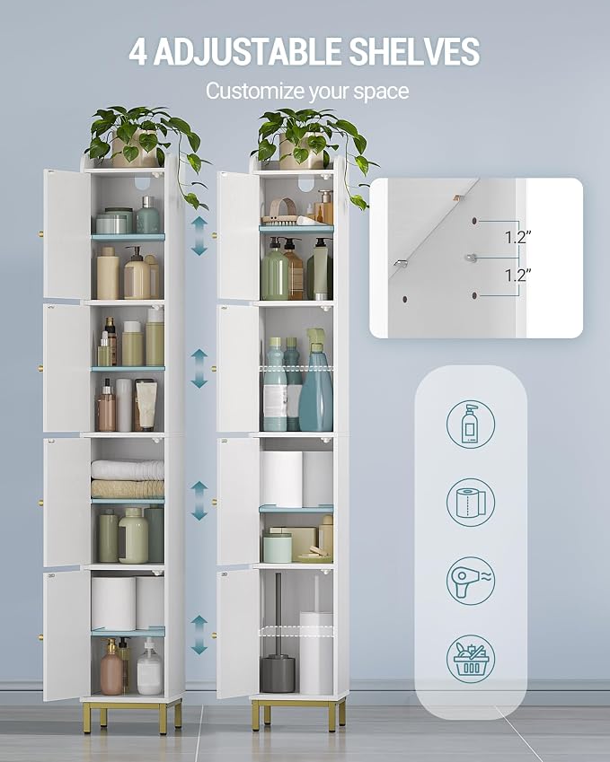 Hzuaneri 4-Tier Narrow Tall Storage Cabinet | Slim Bathroom Storage Cabinet with 4 Adjustable Feet and Shelves, for Living Room, Laundry Room, White, 11"D x 11"W x 70.9"H