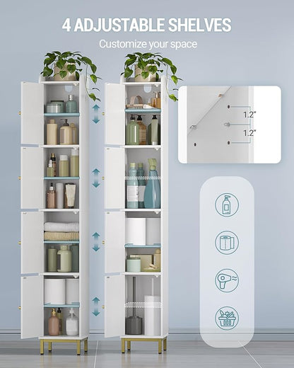 Hzuaneri 4-Tier Narrow Tall Storage Cabinet | Slim Bathroom Storage Cabinet with 4 Adjustable Feet and Shelves, for Living Room, Laundry Room, White, 11"D x 11"W x 70.9"H