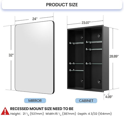 Large Bathroom Medicine Cabinet 24x32 Inch, Oversized Mirror with Storage, Heavy Duty Aluminum Construction, 6 Tempered Glass Shelves, Rust Proof Master Bath Organizer, Matte Black