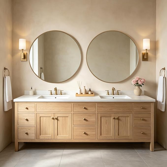 Round Wood Mirror, 40" Round Modern Decoration Large Circle Wall Mirror for Bathroom Living Room Bedroom Entryway, Honey