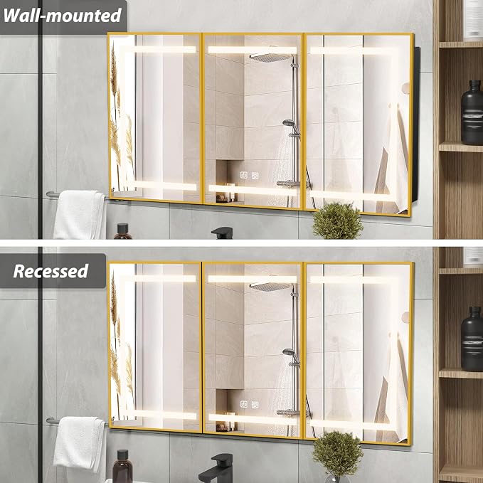 APRILSOUL 60x32 Inch Lighted Bathroom Medicine Cabinet with Mirror, Gold Recessed or Surface Mount Medicine Cabinet Mirror with Storage and LED Lights, 3 Colors Temperature, Dimmable Light