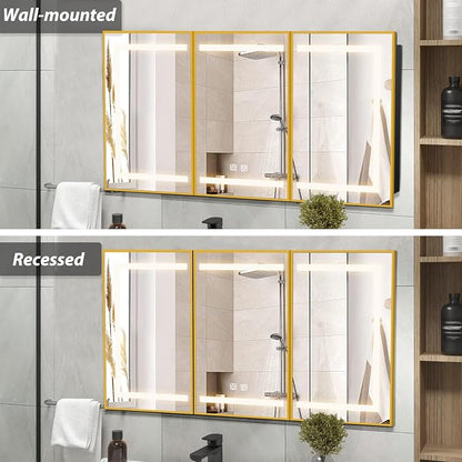APRILSOUL 48x32 Inch Lighted Bathroom Medicine Cabinet with Mirror, Gold Recessed or Surface Mount Medicine Cabinet Mirror with Storage and LED Lights, 3 Colors Temperature, Dimmable Light