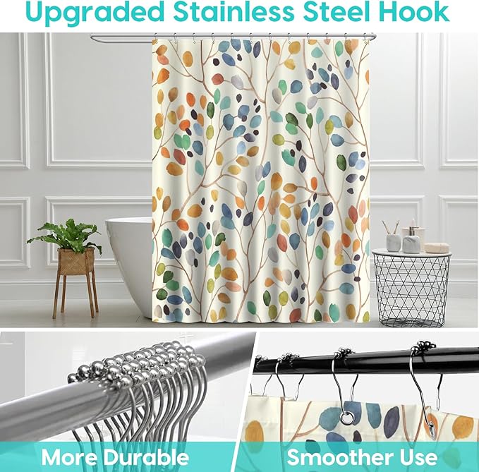 Amaredom Floral Shower Curtain for Bathroom, Colorful Leaves Curtain Bathroom Decoration, Shower Curtain Set with Curtain Hooks