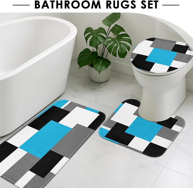 Bathroom Sets with Shower Curtain and Rugs, 4 Pcs, Blue Geometric | Checkered Modern Abstract Bathroom Decor Set with Toilet Lid Cover, Non-Slip Bath Mats and Accessories 12 Hooks