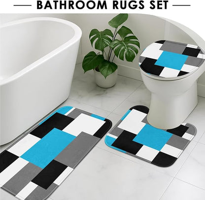 Bathroom Sets with Shower Curtain and Rugs, 4 Pcs, Blue Geometric | Checkered Modern Abstract Bathroom Decor Set with Toilet Lid Cover, Non-Slip Bath Mats and Accessories 12 Hooks
