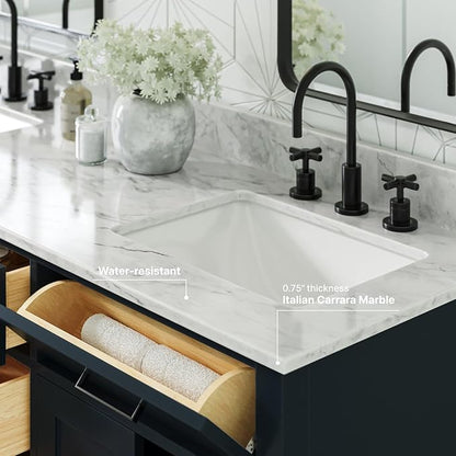 ARIEL Hepburn 66-inch Bathroom Vanity with Sink,Solid Wood, 0.75-inch Italian Carrara Marble Countertop, Double Rectangular Porcelain Sink, 4 Soft Closing Doors, 6 Dovetail Drawers, Midnight Blue