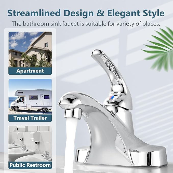 Aolemi Bathroom Faucets Arc 4 Inch Centerset Bathroom Sink Faucet Single Handle Vanity Faucet with Supply Lines,with Pop Up Drain Assembly,Polish Chrome