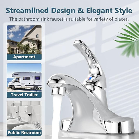 Aolemi Bathroom Faucets Arc 4 Inch Centerset Bathroom Sink Faucet Single Handle Vanity Faucet with Supply Lines,with Pop Up Drain Assembly,Polish Chrome