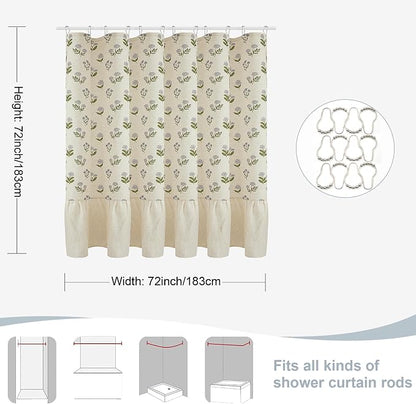 ORTIGIA Linen Textured Ruffle Shower Curtain 72x72 Inch with Metal Hooks, Vintage Blue Green Floral Flowers Block Print Boho Waterproof Bath Curtain for Rustic Farmhouse Bathroom Decor