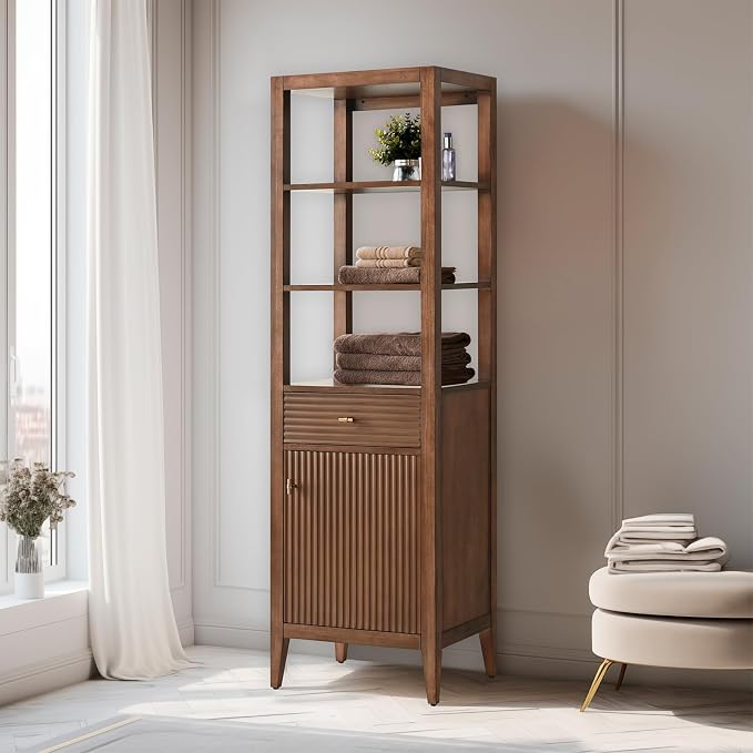 Vanity Art Walnut Vanity with Storage Cabinet & Shelves, Free-Standing Vanity with Soft-Closing Doors, Walnut, VA91-LC-Walnut-MB,Matte Black Handles